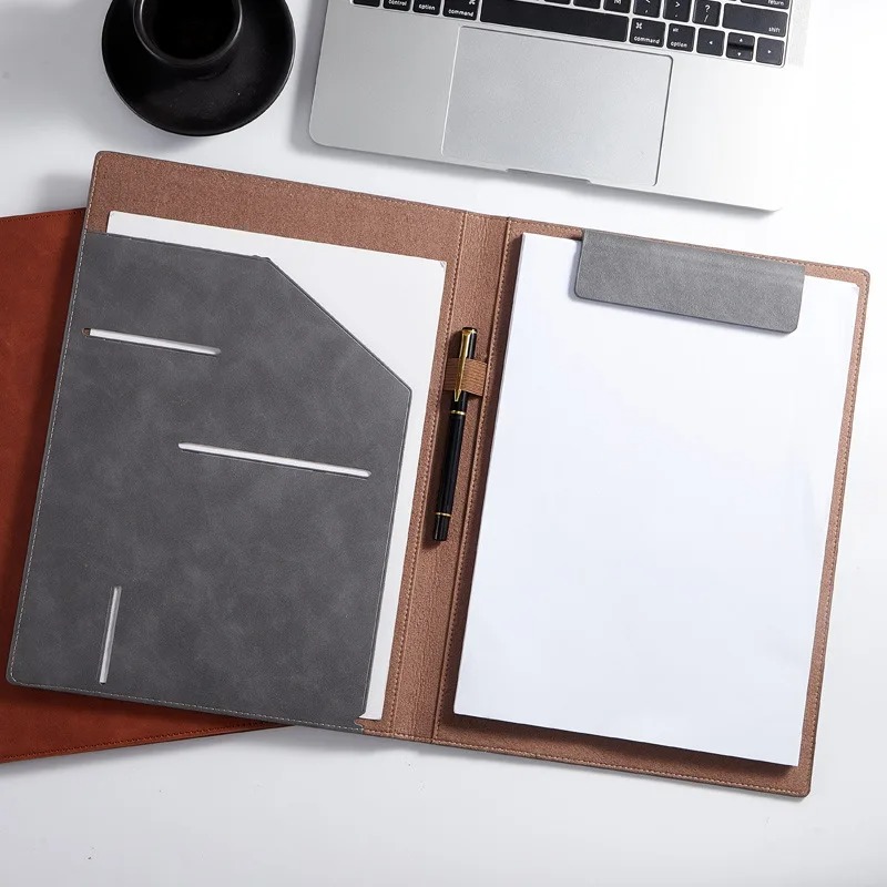 Leather Work Folder - แฟ้มหนังสีดำขนาด A4 สำหรับประชุม พร้อมคลิปบอร์ดแม่เหล็กอเนกประสงค์ ที่ใส่เอกสาร อุปกรณ์จัดระเบียบโต๊ะทำงาน