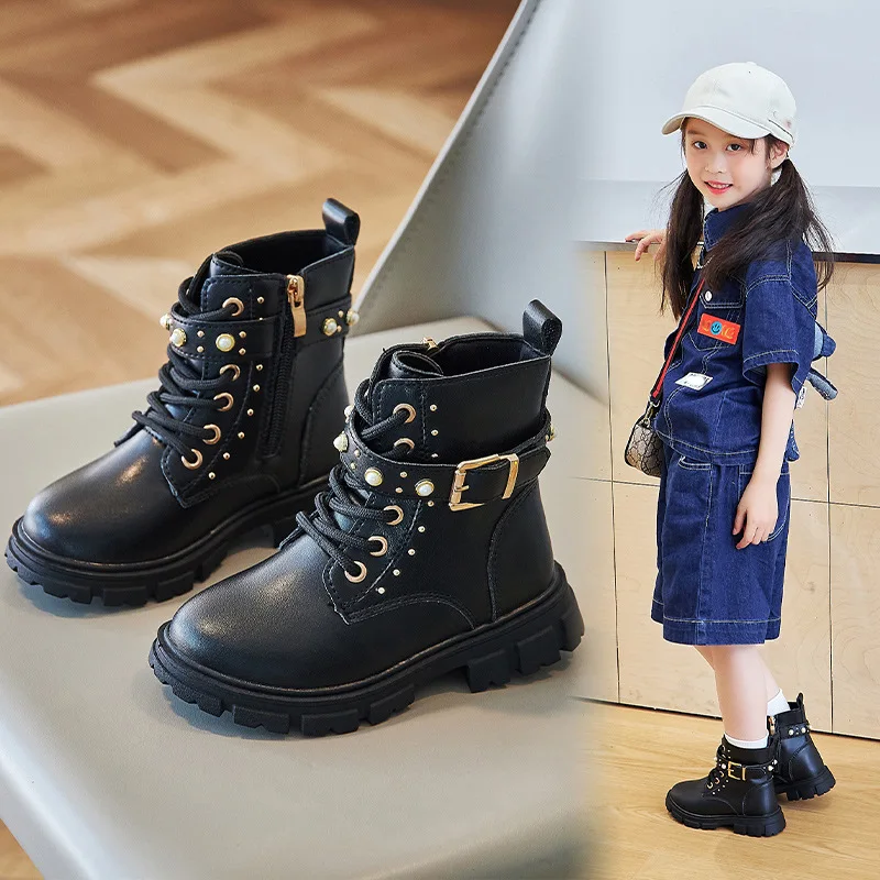 Leather Work For Kids - รองเท้าบูทสั้นบุขนสำหรับเด็กผู้หญิง ฤดูใบไม้ร่วง ฤดูหนาว แบบวินเทจ มีหัวเข็มขัด รองเท้าผ้าฝ้าย