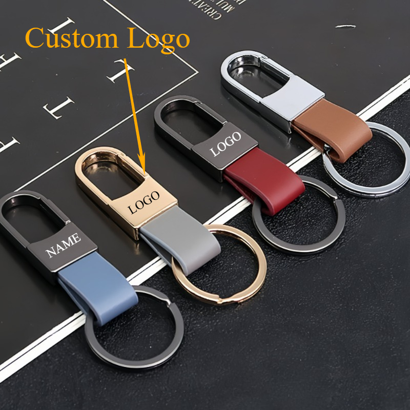 Leatherwork Keychain - แฟชั่นพวงกุญแจหนังโลโก้ที่กําหนดเองชื่อเลเซอร์แกะสลักพวงกุญแจ Charm รถโลหะสําหรับผู้หญิงผู้ชาย Key CHAIN อุปกรณ์เสริม