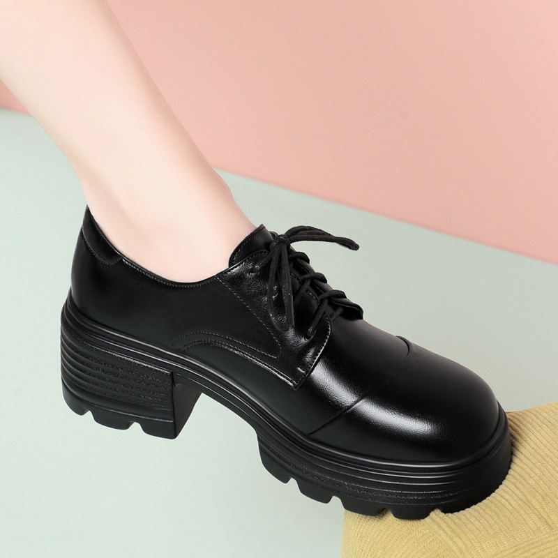 Leather Work Oxfords - รองเท้าส้นตึกแบบหนา 6 ซม. สไตล์เรโทร ระบายอากาศได้ดี สวมใส่สบาย