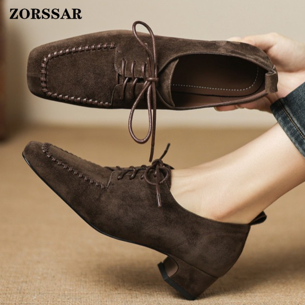 Leather Work Oxfords - รองเท้าอ็อกซ์ฟอร์ดแบบผูกเชือกทรงสี่เหลี่ยมหนังกลับสีน้ำตาลสำหรับผู้หญิง, รองเท้าส้นเตี้ยแบบทางการ, รองเท้าสำหรับใส่ทำงานในออฟฟิศ, ธุรกิจ