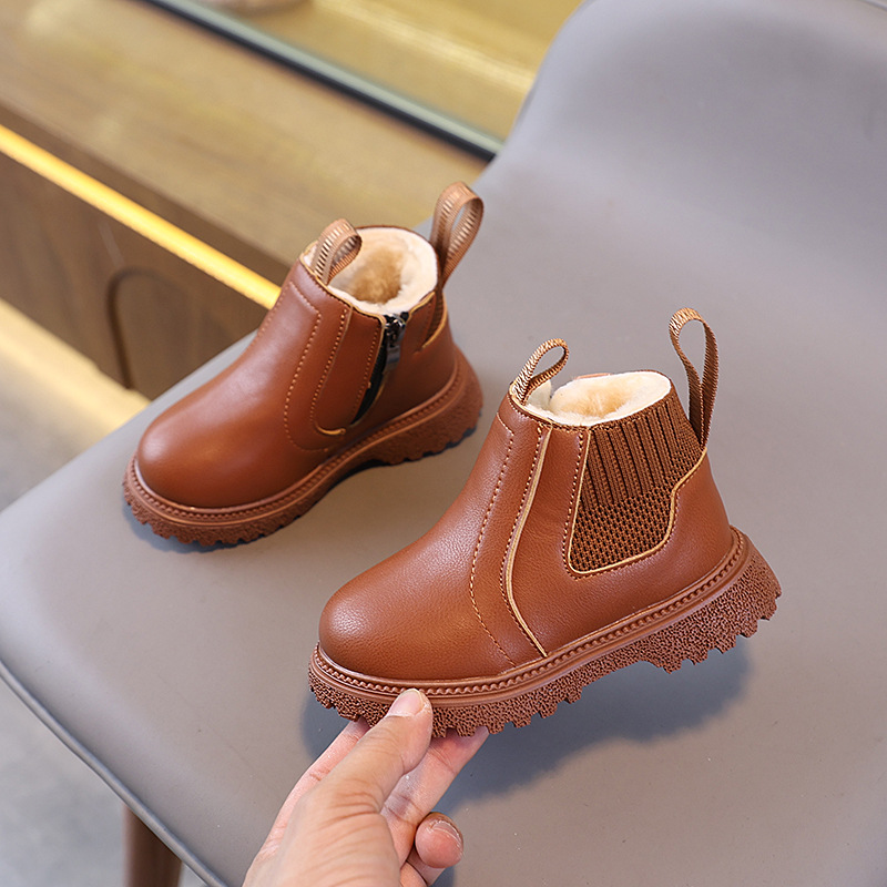 Leather Work For Kids - รองเท้าบูทสั้นสำหรับเด็กบุขนแกะ รองเท้าบูทอุ่นๆ สไตล์เรโทรสำหรับเด็กผู้ชายและเด็กผู้หญิง รองเท้าบูทผ้าฝ้ายแบบหุ้มข้อต่ำ รองเท้าลำลองสำหรับใส่กลางแจ้ง