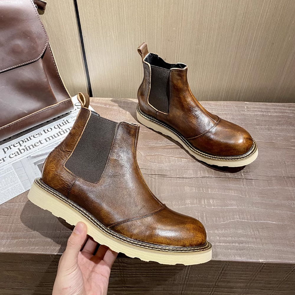 Leather Work Oxfords - รองเท้าบูทเชลซีหนังแท้สไตล์เรโทรสำหรับผู้ชาย รองเท้าหนังหุ้มข้อสูง รองเท้าบูททำงานแบบตะวันตกพื้นหนา รองเท้าอ็อกซ์ฟอร์ดแบบยืดหยุ่น