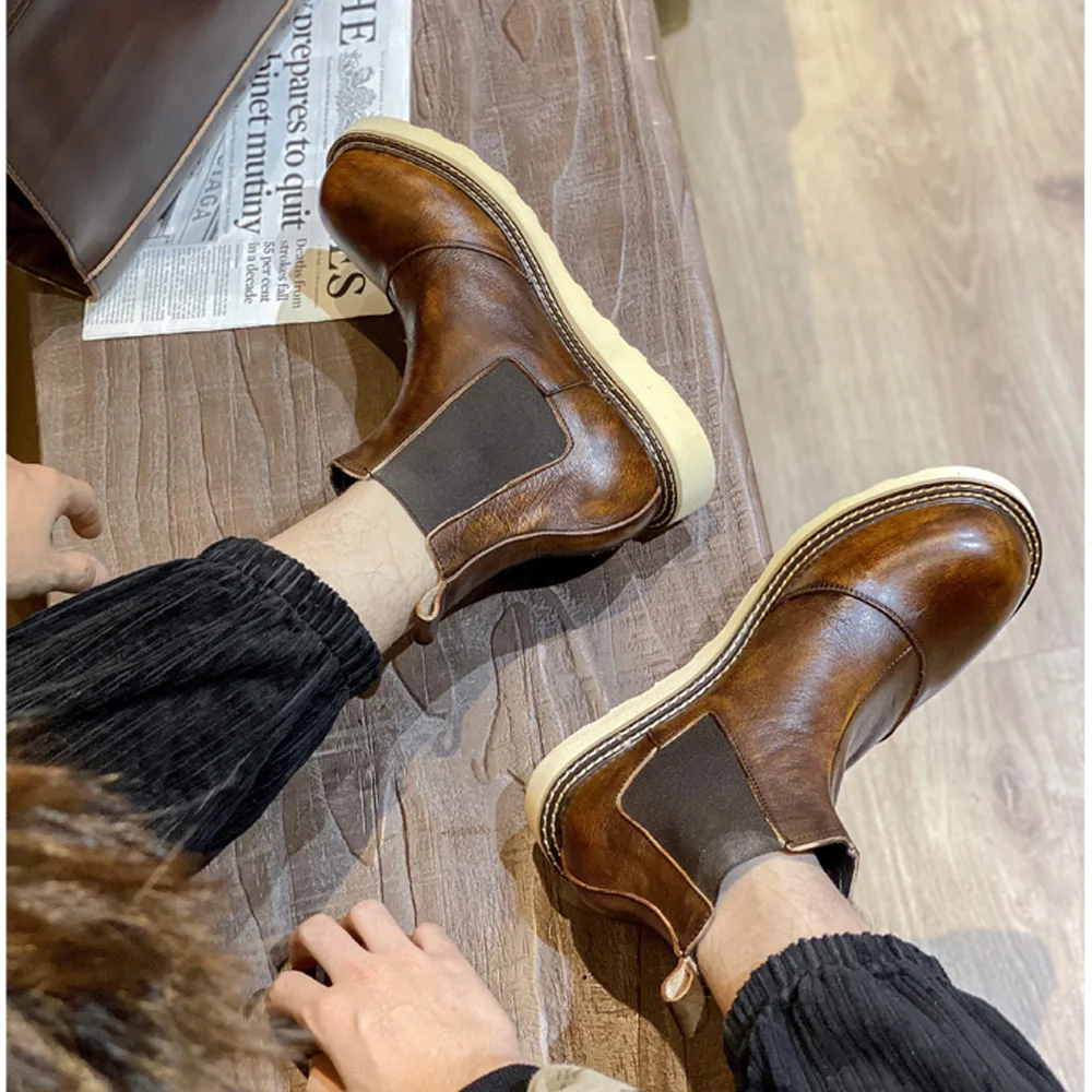 Leather Work Oxfords - รองเท้าบูทเชลซีหนังแท้สไตล์เรโทรสำหรับผู้ชาย รองเท้าทำงานหนังหุ้มข้อสูง รองเท้าบูทแบบสวมพื้นหนาสำหรับกิจกรรมกลางแจ้ง รองเท้าบูทแบบยืดหยุ่นสไตล์ตะวันตก