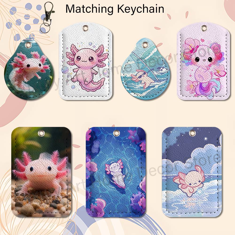 Leatherwork Keychain - พวงกุญแจการ์ตูน A-Axolotl สีชมพูน่ารัก สำหรับใส่บัตรทำงาน บัตรธนาคาร บัตรนักเรียน