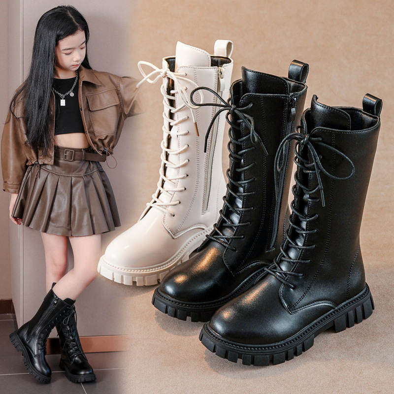 Leather Work For Kids - รองเท้าบูทหนัง PU สไตล์อังกฤษสำหรับเด็กฤดูหนาว พื้นนุ่ม อุ่นสบาย รองเท้าบูทสูงถึงเข่าสำหรับเด็กผู้หญิง