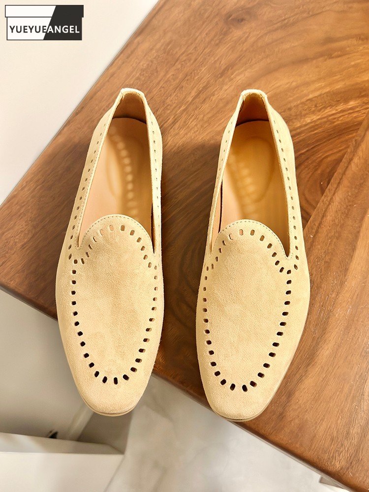 Leather Work For Kids - รองเท้าลำลองผู้ชายหนังกลับแท้แบบสวม ระบายอากาศได้ดี ดีไซน์โปร่ง สำหรับใส่ทำงานในออฟฟิศ แฟชั่นฤดูร้อน รุ่นใหม่