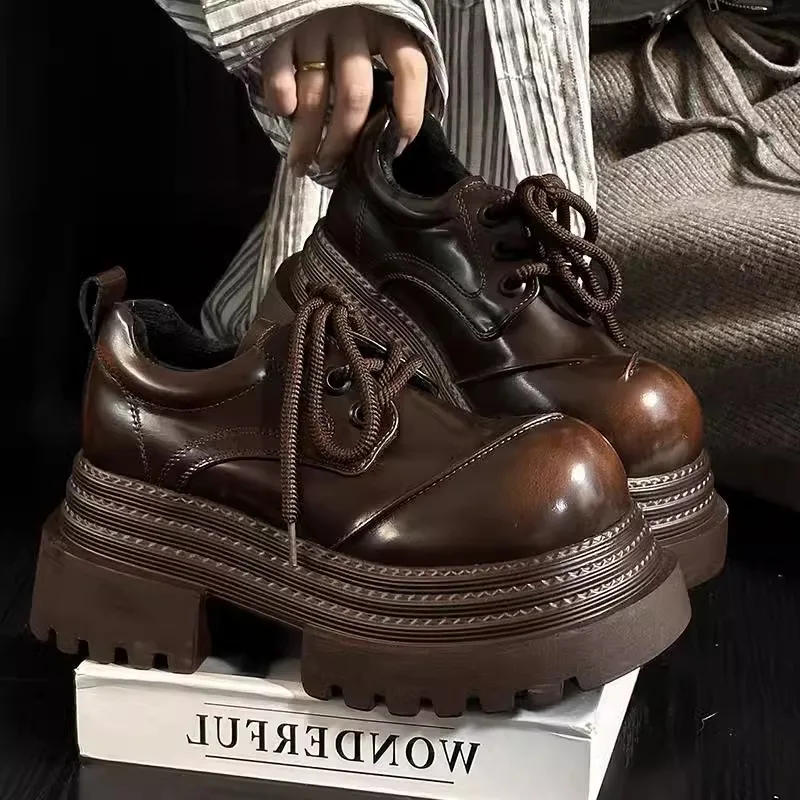 Leather Work Oxfords - ผู้หญิงRetro Loafers 2025 ฤดูใบไม้ผลิใหม่แบรนด์หรูเพิ่มหนาหนังOxfordรองเท้าLace Upกลางแจ้งทํางานแพลตฟอร์มรองเท้า